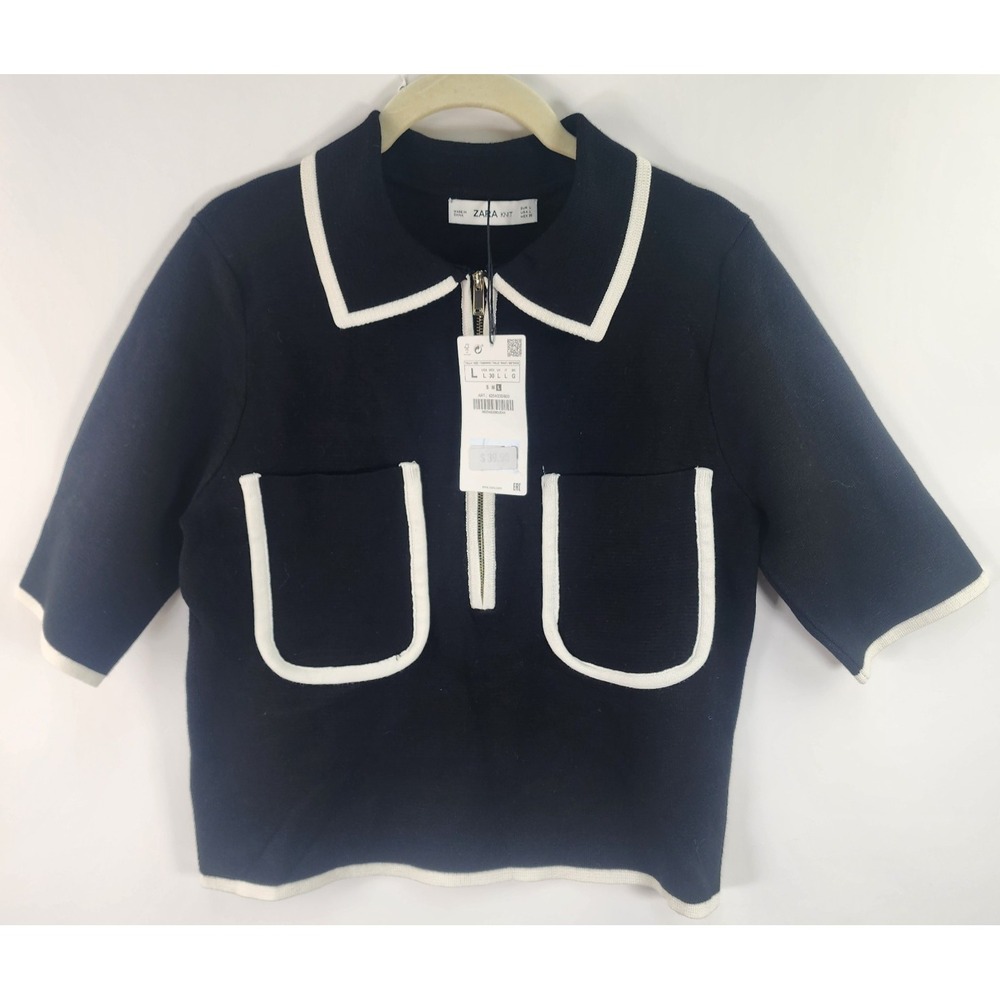 Zara Knit Top Women's L Black White Contrast Piping 1/2 Zip Retro Preppy